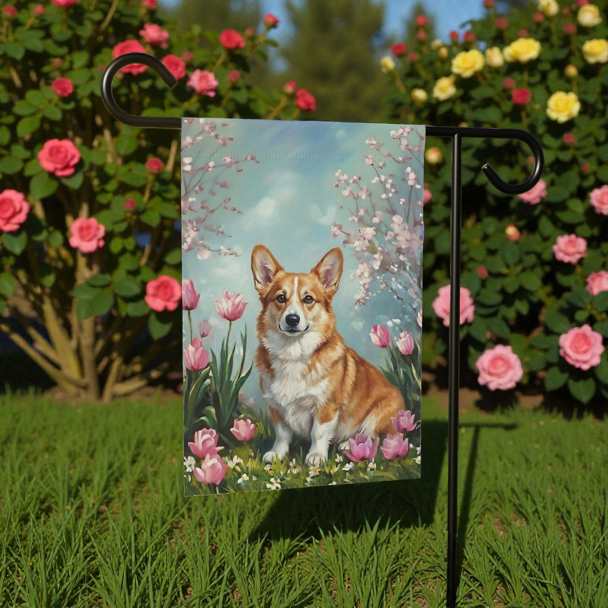 Corgi in the Tulips Spring Garden Flag - Dragonfire Gardens