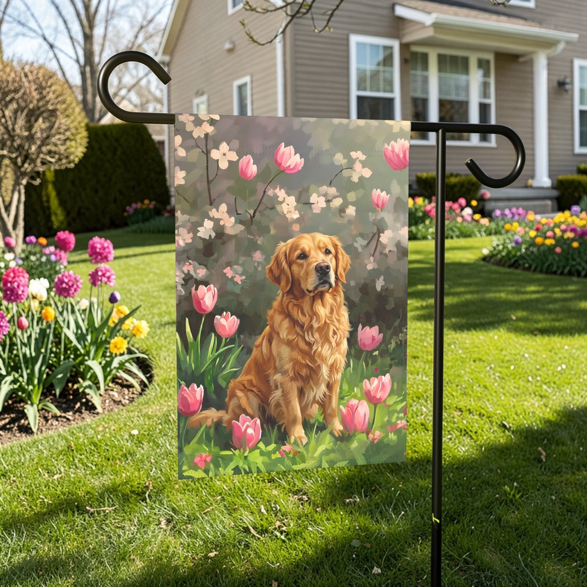 Pink Tulips and Golden Retriever Garden Flag - Dragonfire Gardens