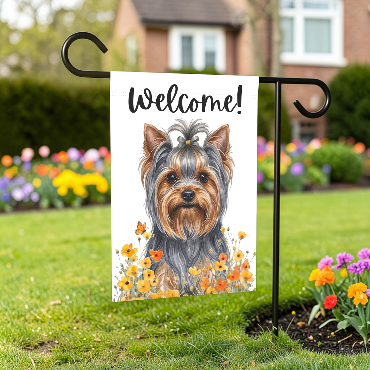 Yellow Poppies Yorkshire Terrier Garden Flag - Dragonfire Gardens