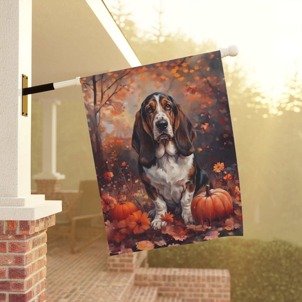Fall Basset Hound With Pumpkins Autumn Garden Flag