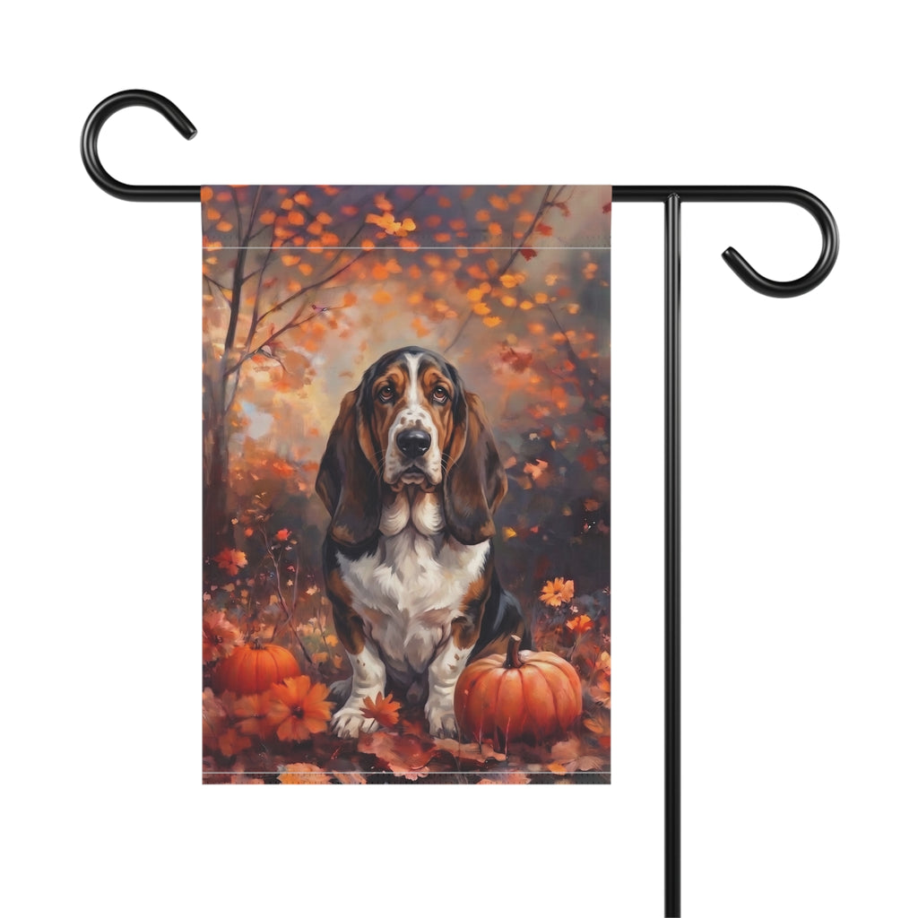 Fall Basset Hound With Pumpkins Autumn Garden Flag