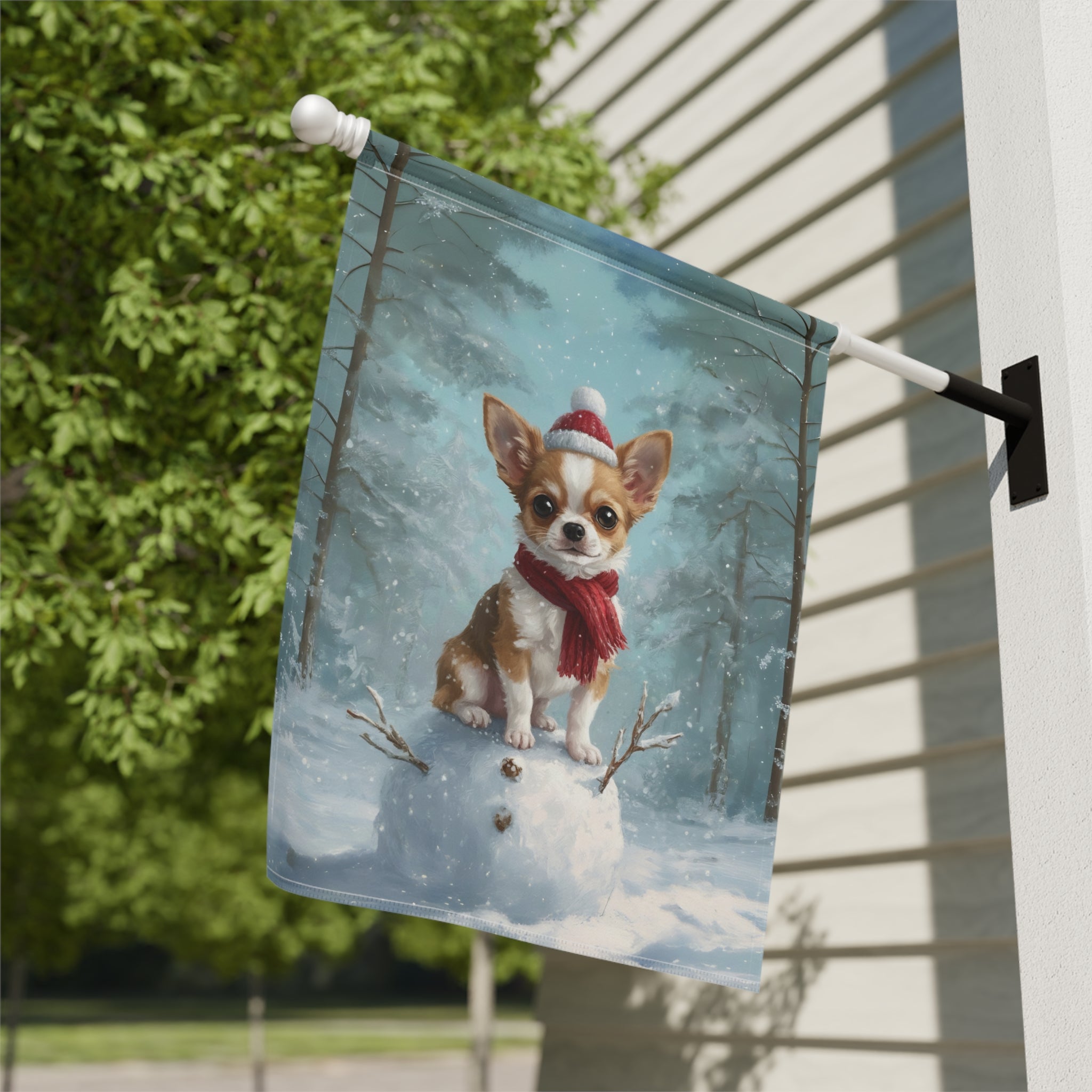 Making a Snowman Chihuahua Christmas Garden Flag