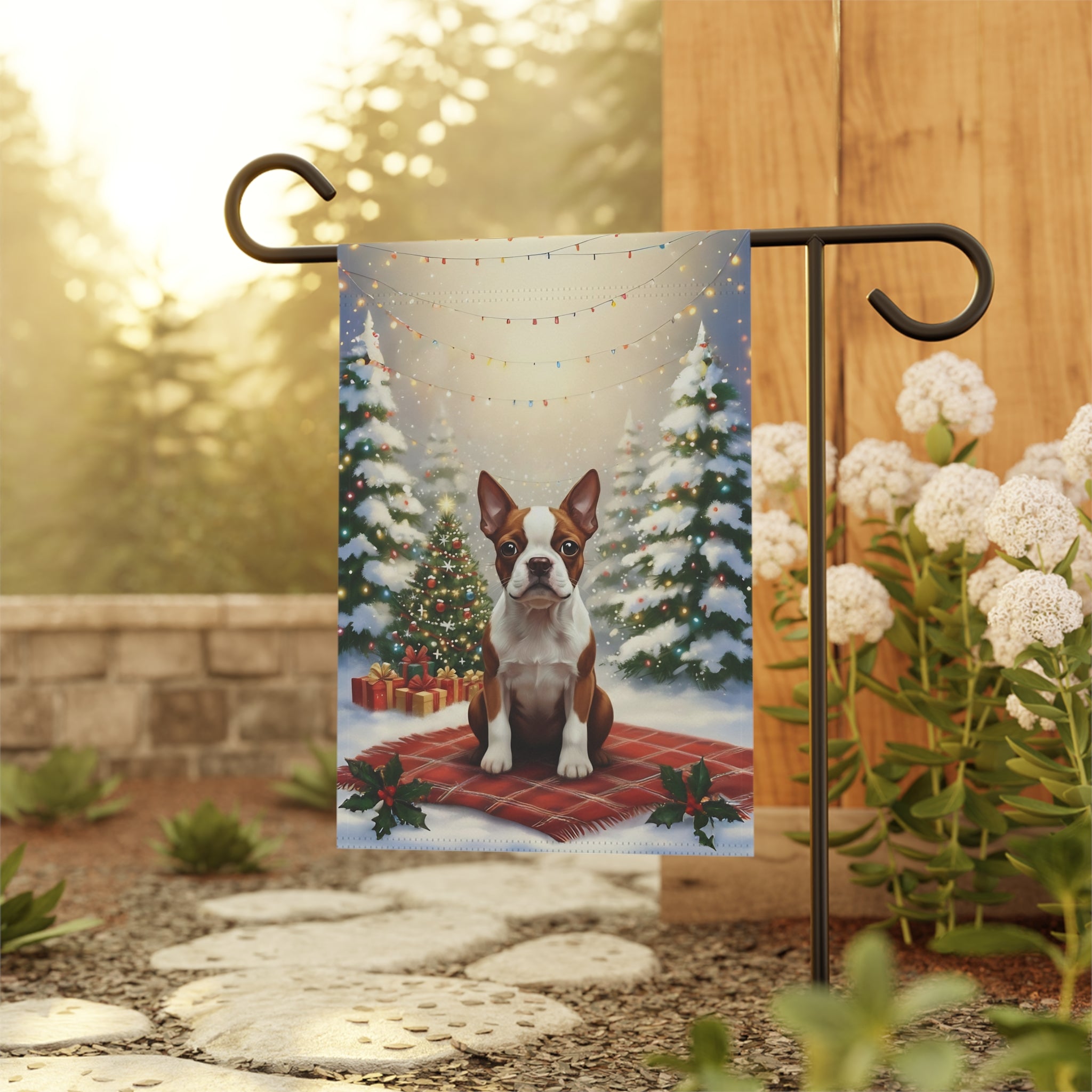 Christmas Tree With Presents Red Boston Terrier Garden Flag