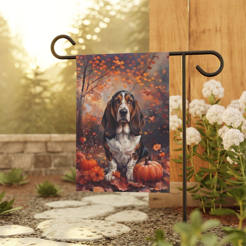 Fall Basset Hound With Pumpkins Autumn Garden Flag