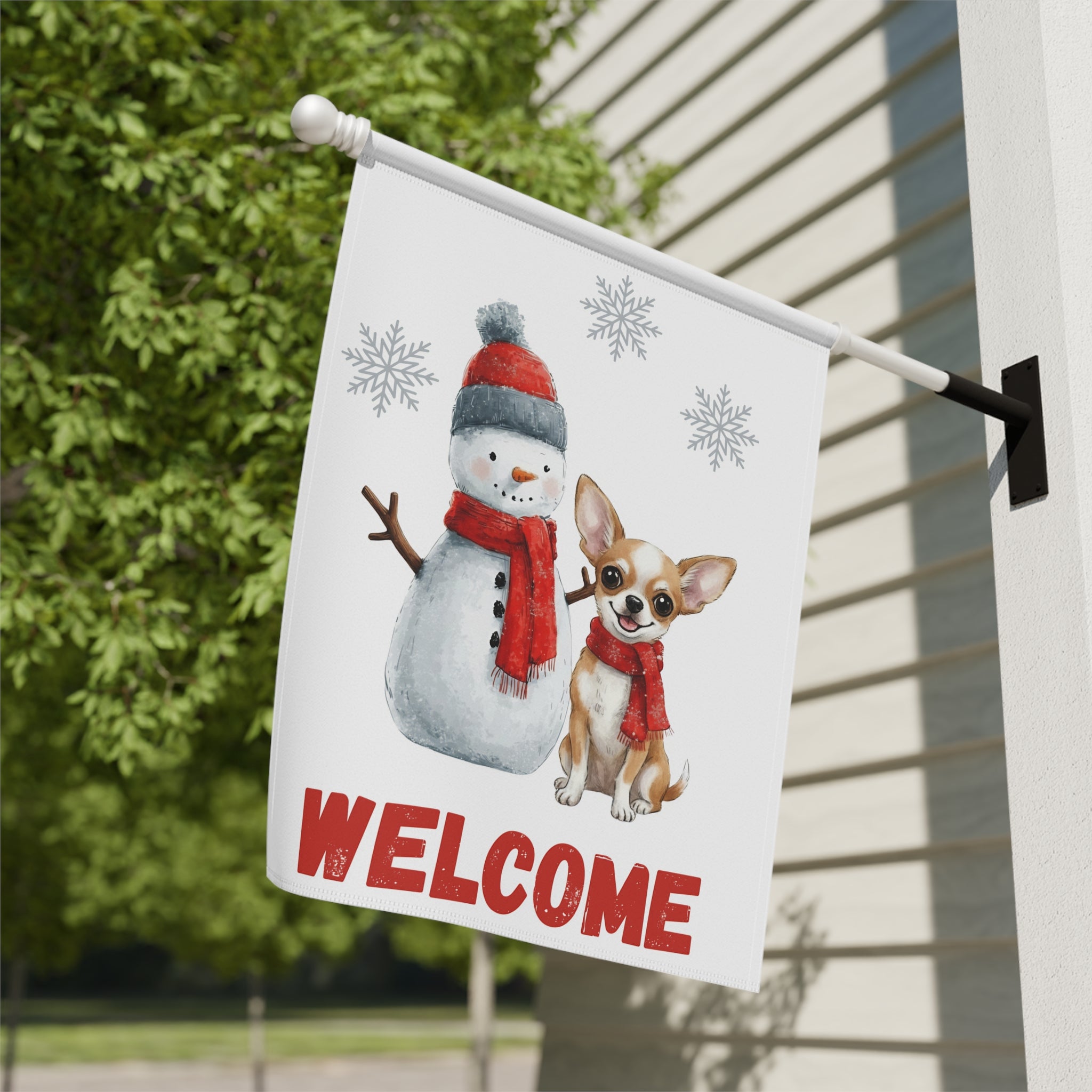Snowman and Chihuahua Welcome Flag Garden Flag - close-up detail - Dragonfire Gardens