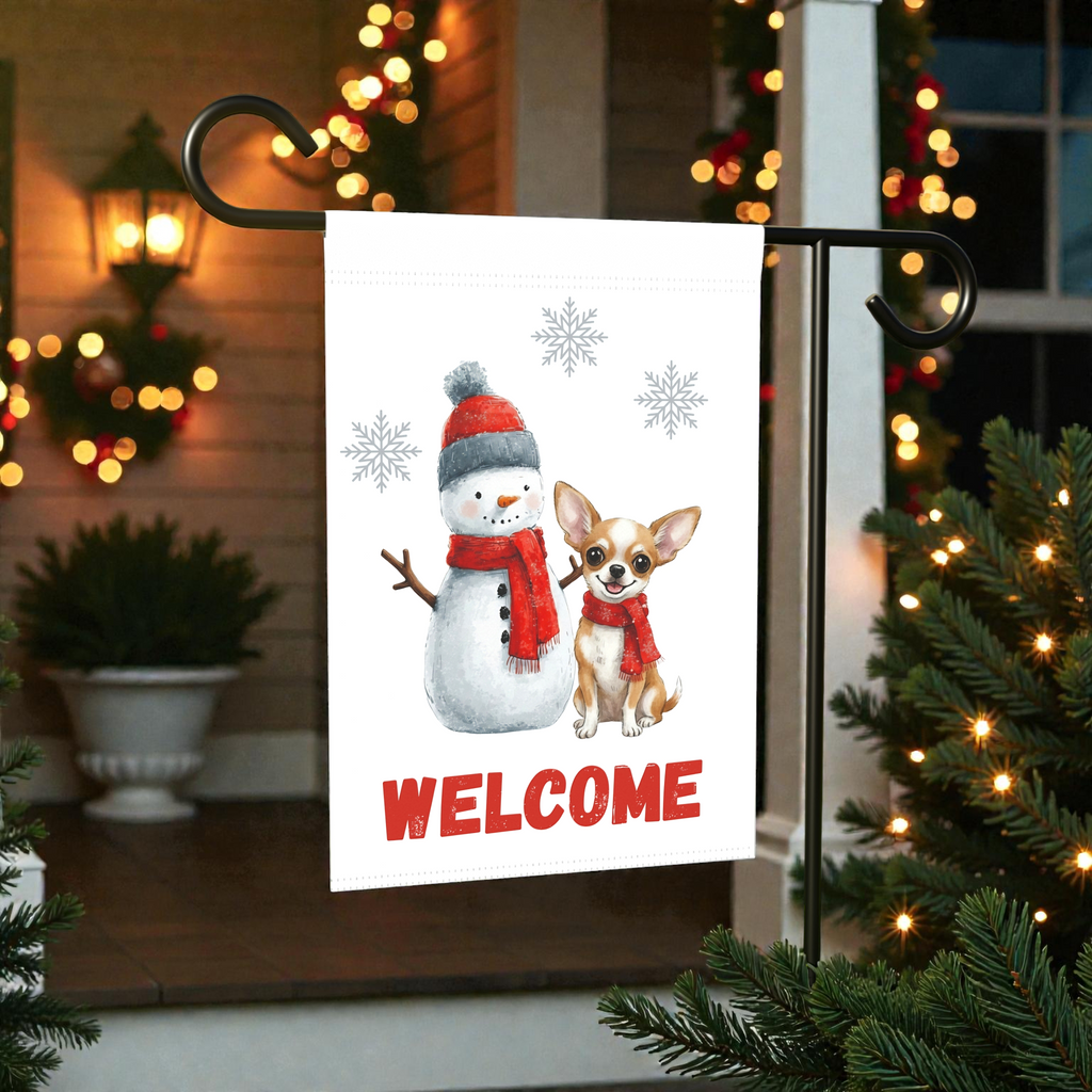 Snowman and Chihuahua Welcome Flag Garden Flag - front view - Dragonfire Gardens