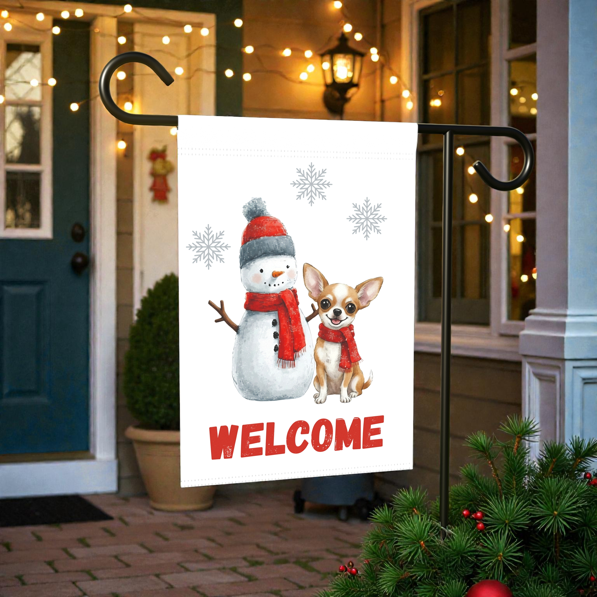 Snowman and Chihuahua Welcome Flag Garden Flag - size comparison - Dragonfire Gardens