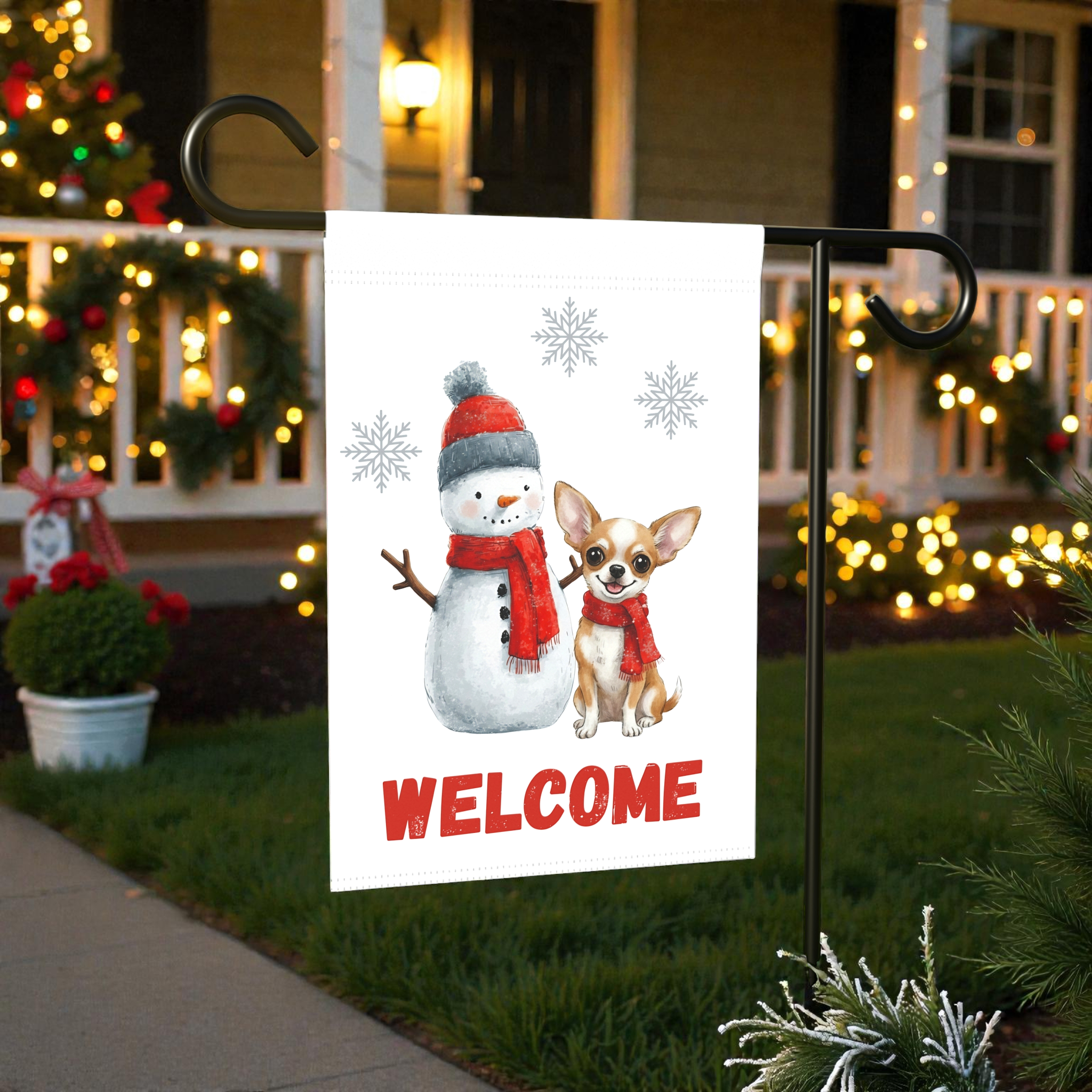 Snowman and Chihuahua Welcome Flag Garden Flag - lifestyle display - Dragonfire Gardens