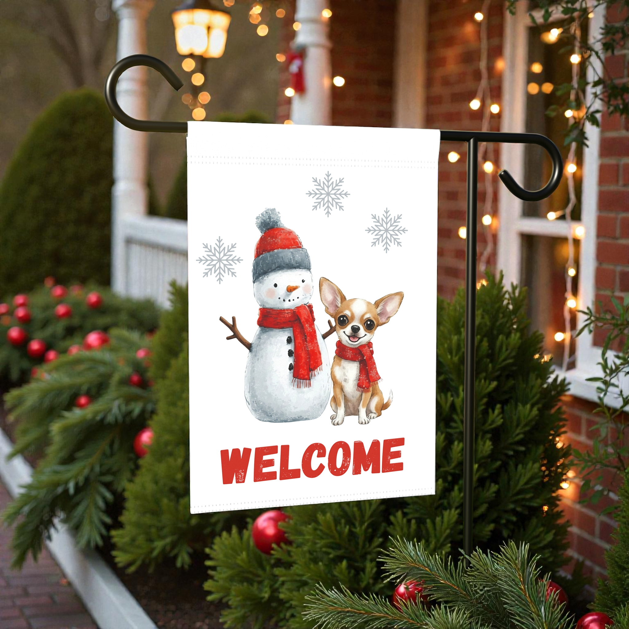 Snowman and Chihuahua Welcome Flag Garden Flag - product detail - Dragonfire Gardens