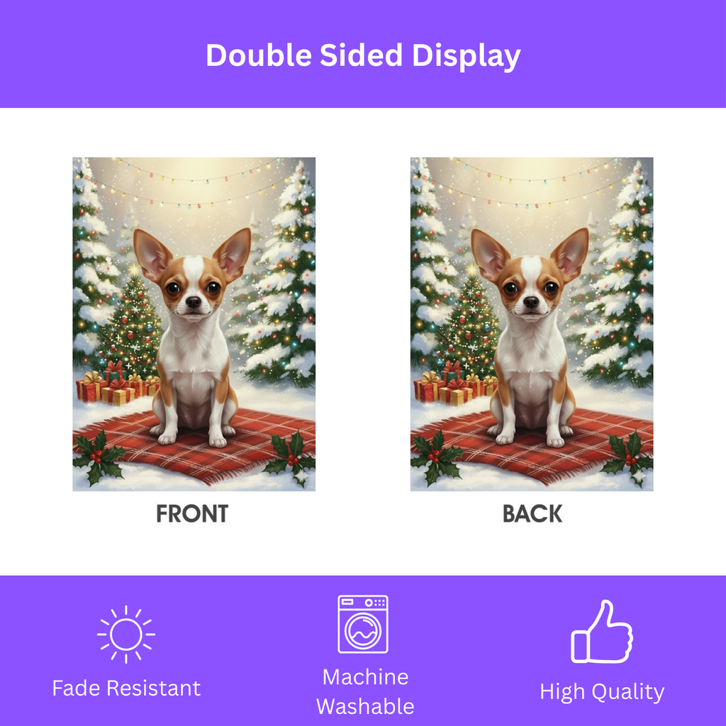Christmas Tree and Presents Chihuahua Garden Flag - double-sided design - Dragonfire Gardens