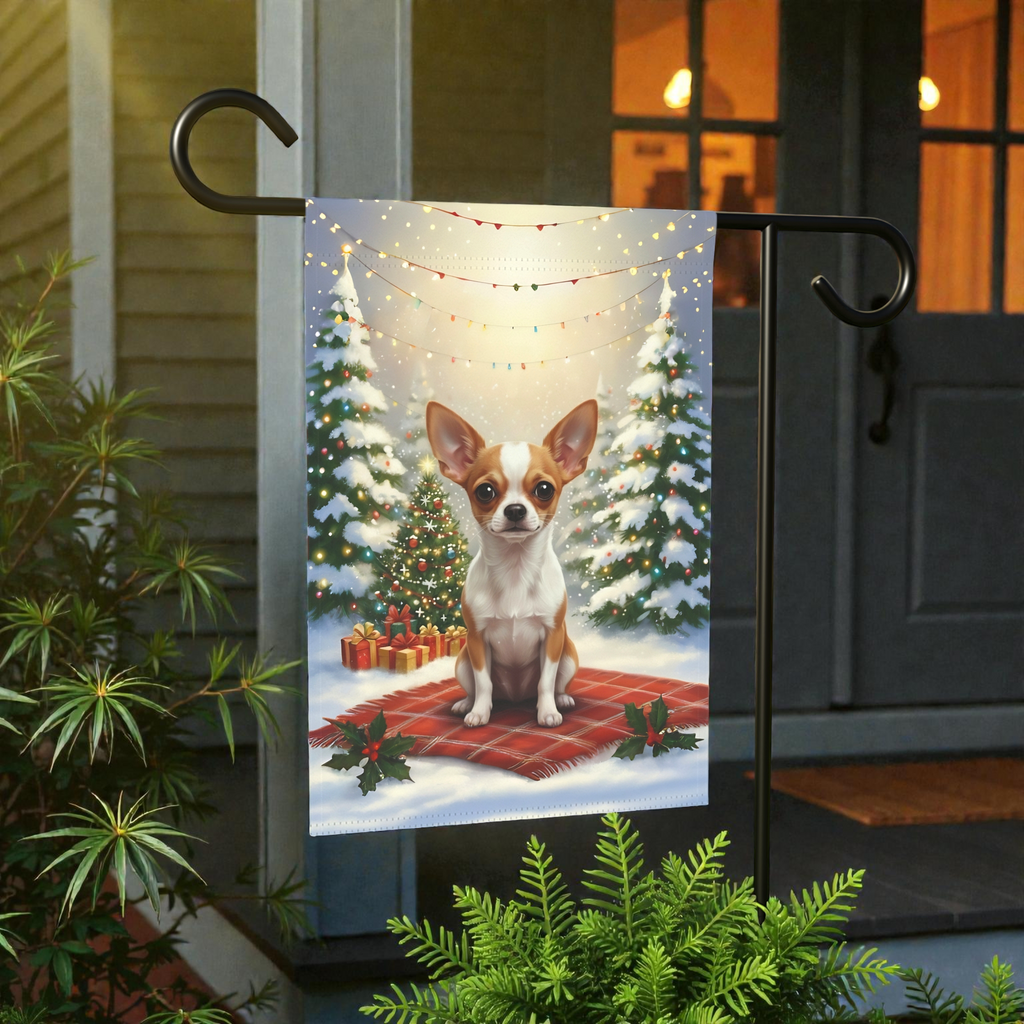 Christmas Tree and Presents Chihuahua Garden Flag - size comparison - Dragonfire Gardens