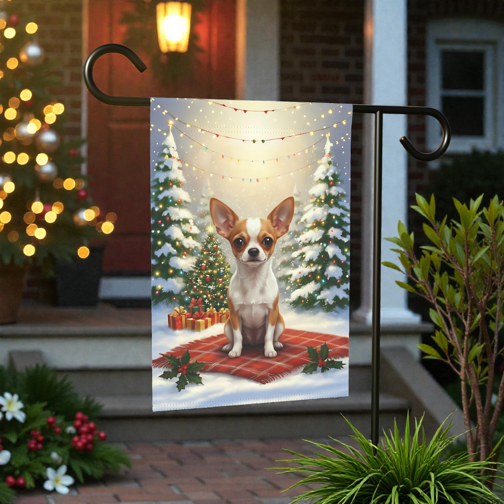 Christmas Tree and Presents Chihuahua Garden Flag - front view - Dragonfire Gardens