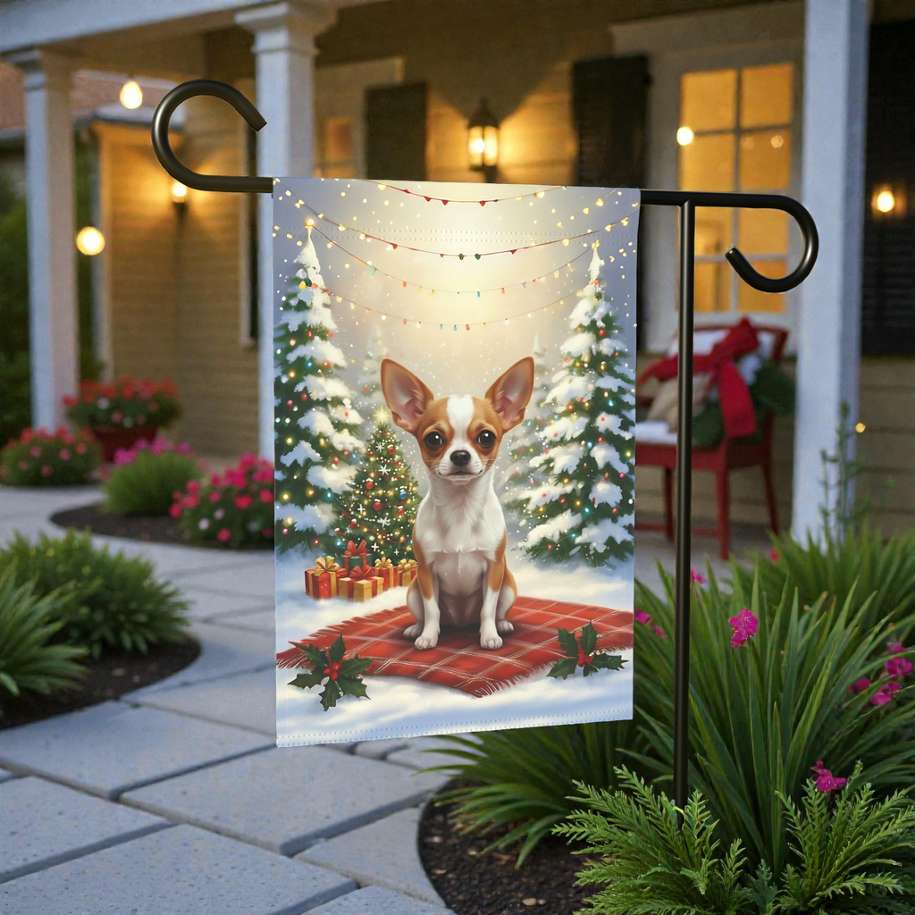 Christmas Tree and Presents Chihuahua Garden Flag - lifestyle display - Dragonfire Gardens