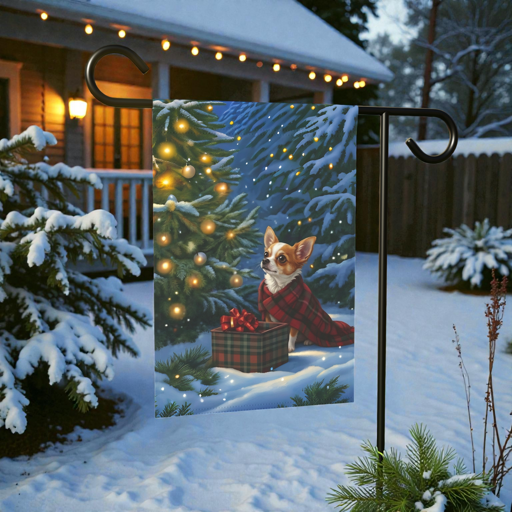 Chihuahua Christmas Present Garden Flag - size comparison - Dragonfire Gardens