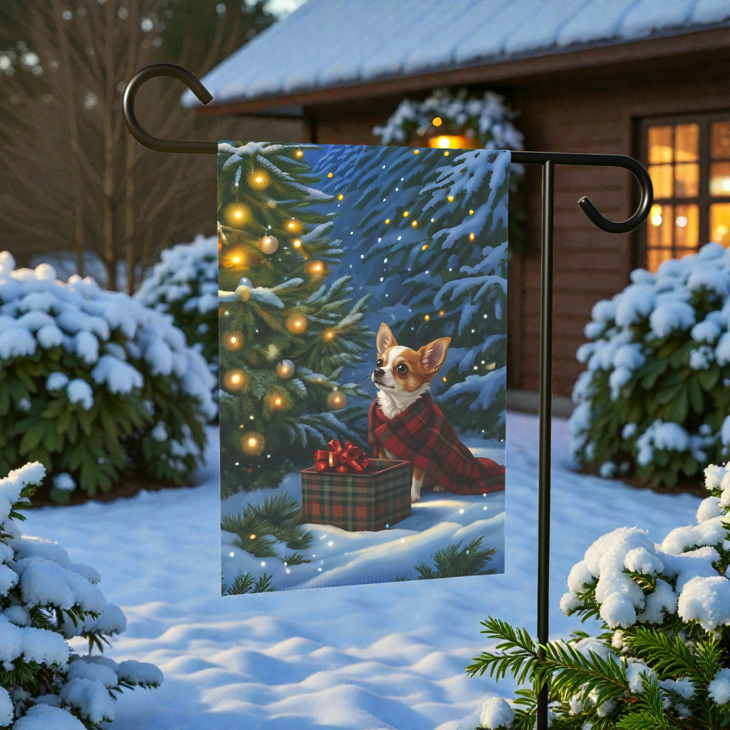 Chihuahua Christmas Present Garden Flag - lifestyle display - Dragonfire Gardens