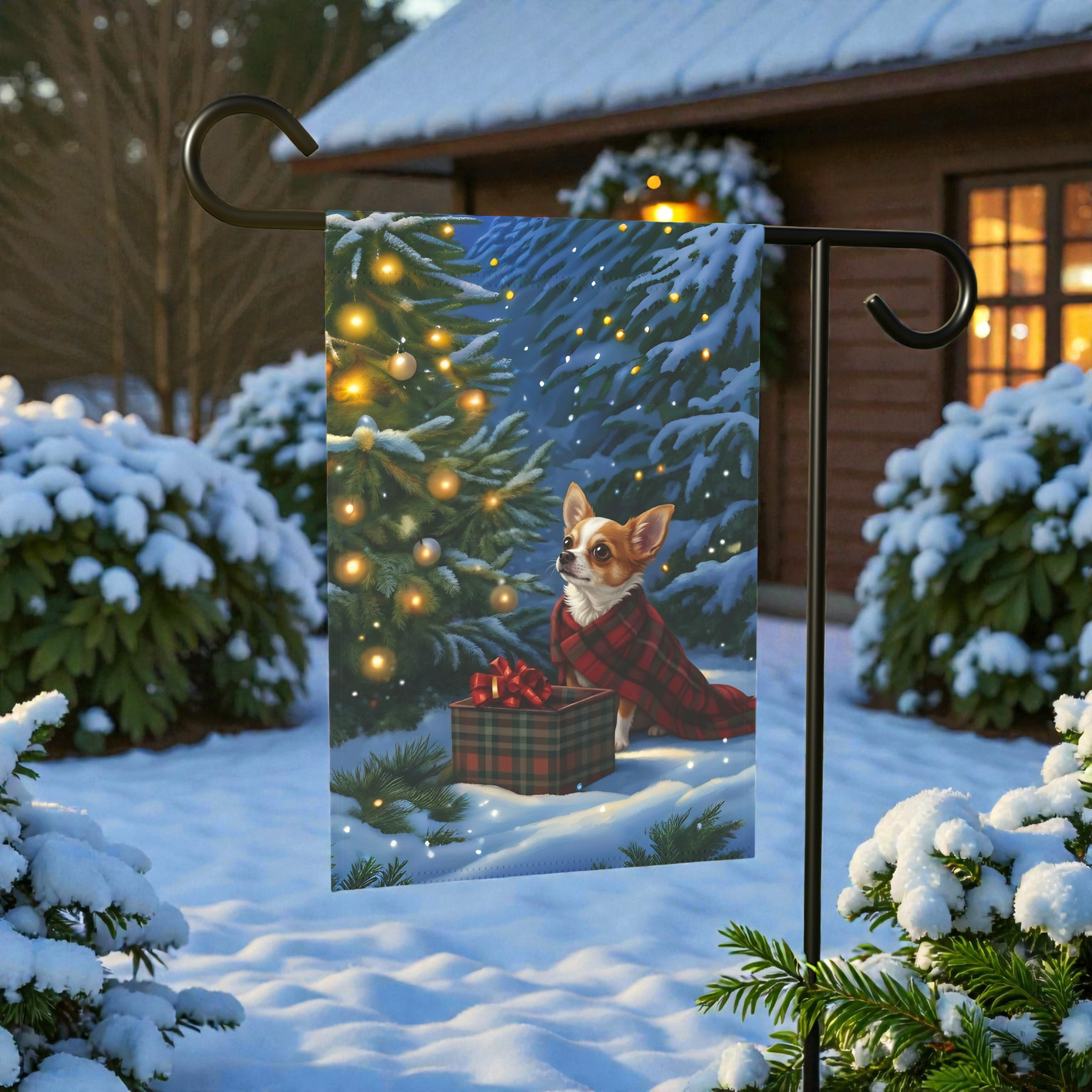 Chihuahua Christmas Present Garden Flag - lifestyle display - Dragonfire Gardens