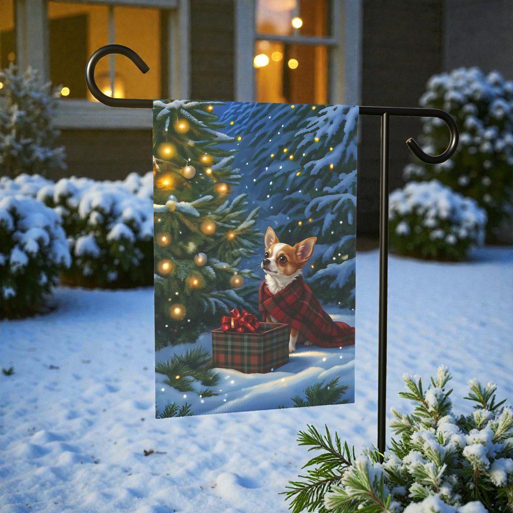 Chihuahua Christmas Present Garden Flag - front view - Dragonfire Gardens