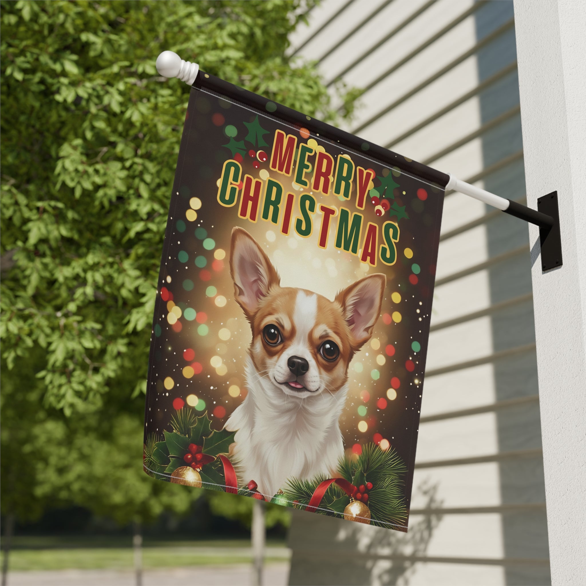 Merry Christmas In Lights Chihuahua Garden Flag - close-up detail - Dragonfire Gardens