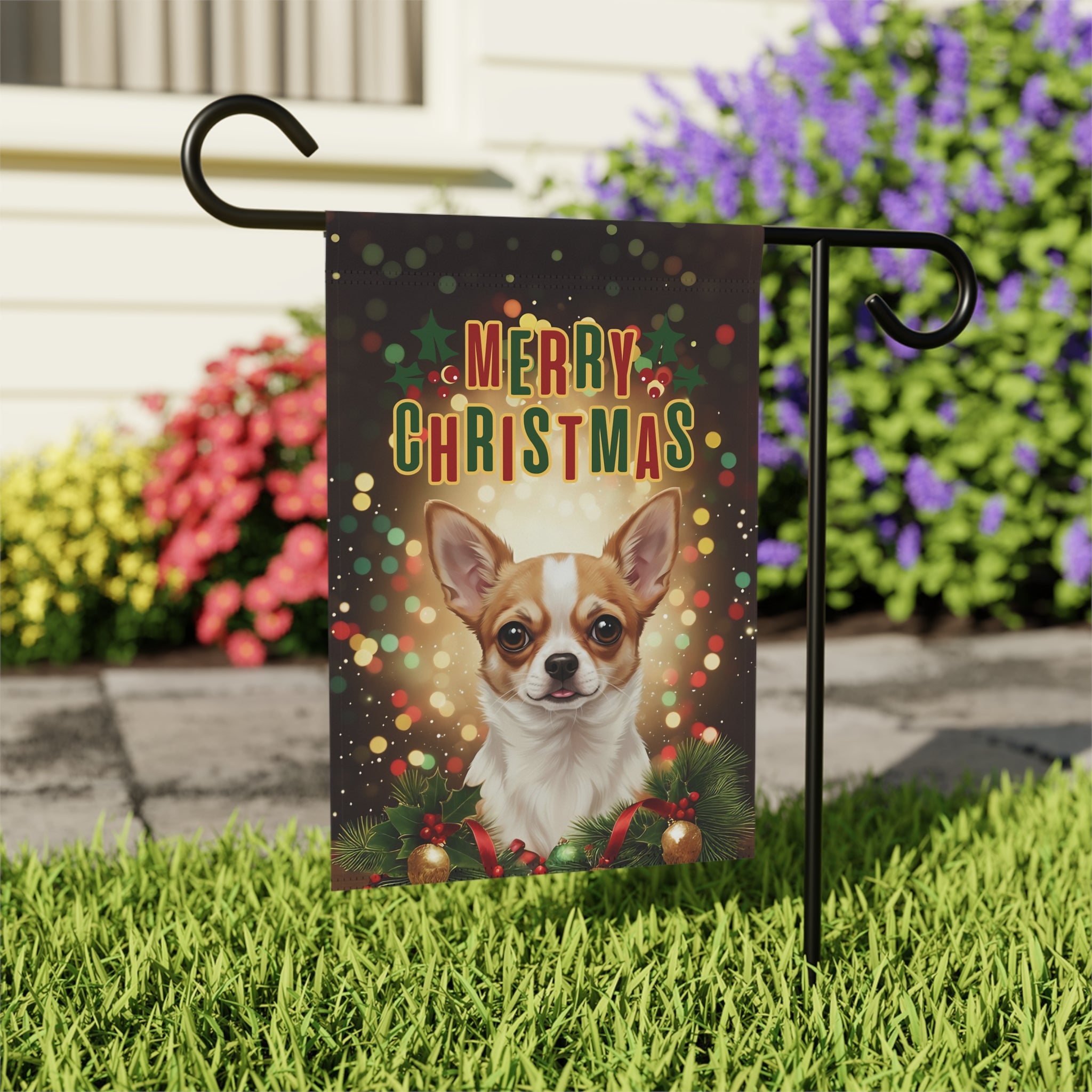 Merry Christmas In Lights Chihuahua Garden Flag - outdoor display - Dragonfire Gardens