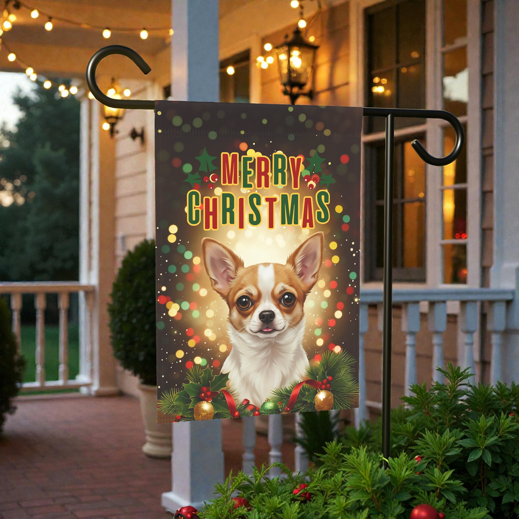 Merry Christmas In Lights Chihuahua Garden Flag - size comparison - Dragonfire Gardens