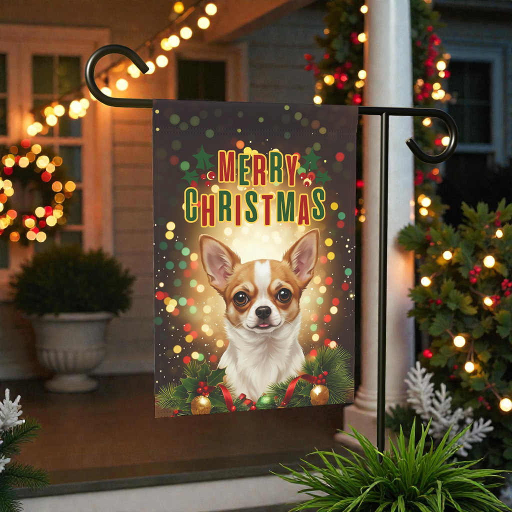 Merry Christmas In Lights Chihuahua Garden Flag - lifestyle display - Dragonfire Gardens