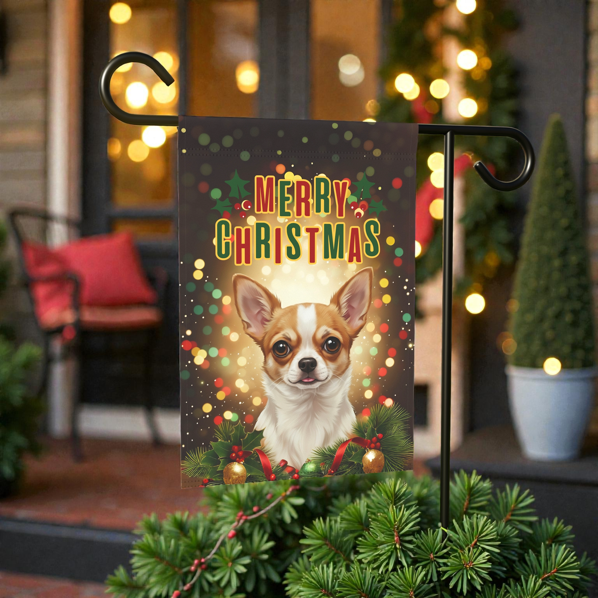 Merry Christmas In Lights Chihuahua Garden Flag - front view - Dragonfire Gardens