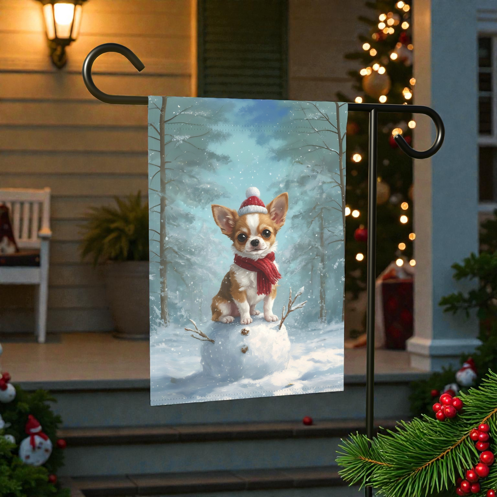 Making a Snowman Chihuahua Christmas Garden Flag