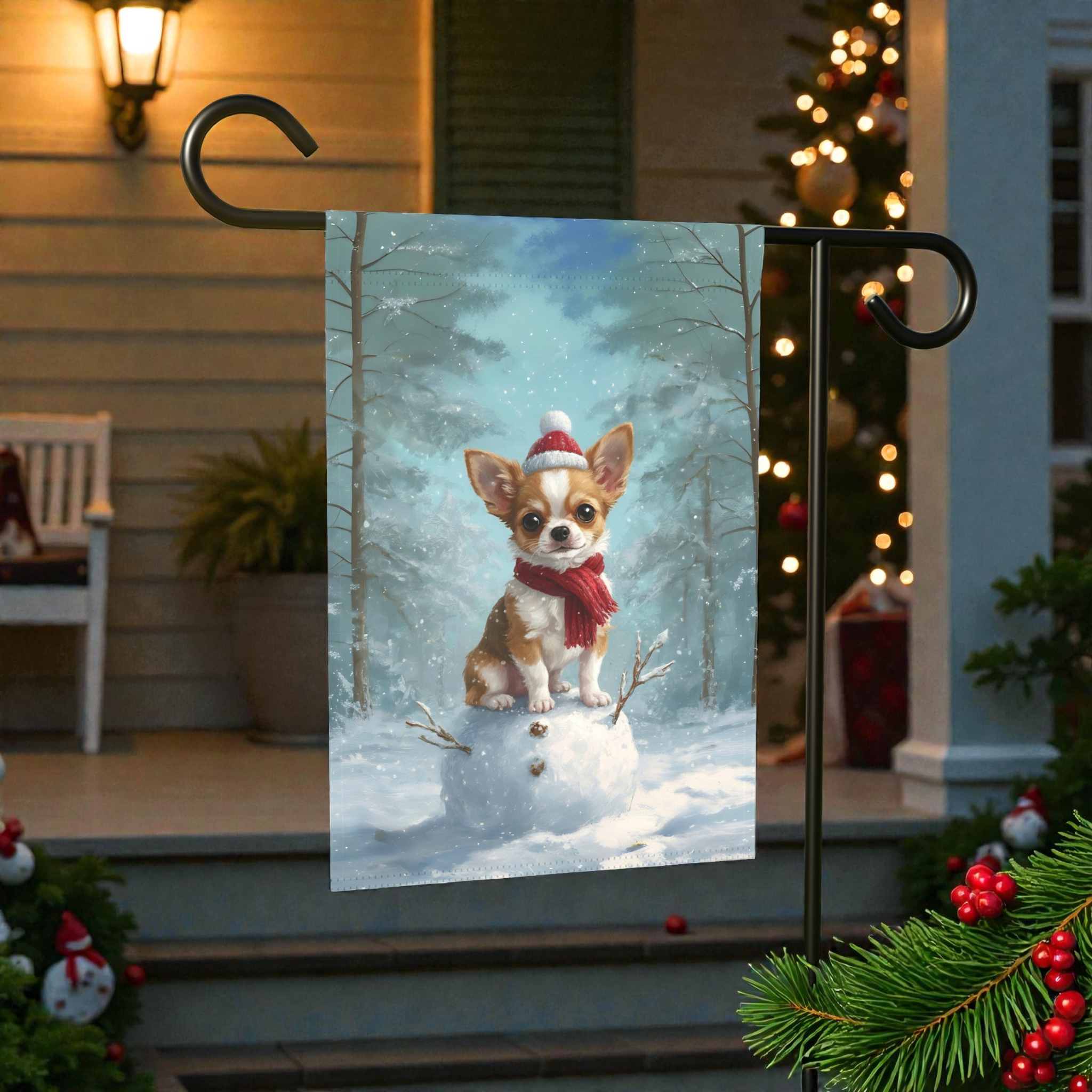 Making a Snowman Chihuahua Christmas Garden Flag