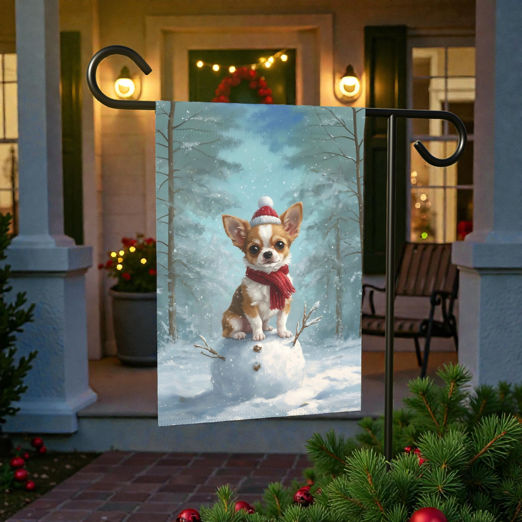 Making a Snowman Chihuahua Christmas Garden Flag