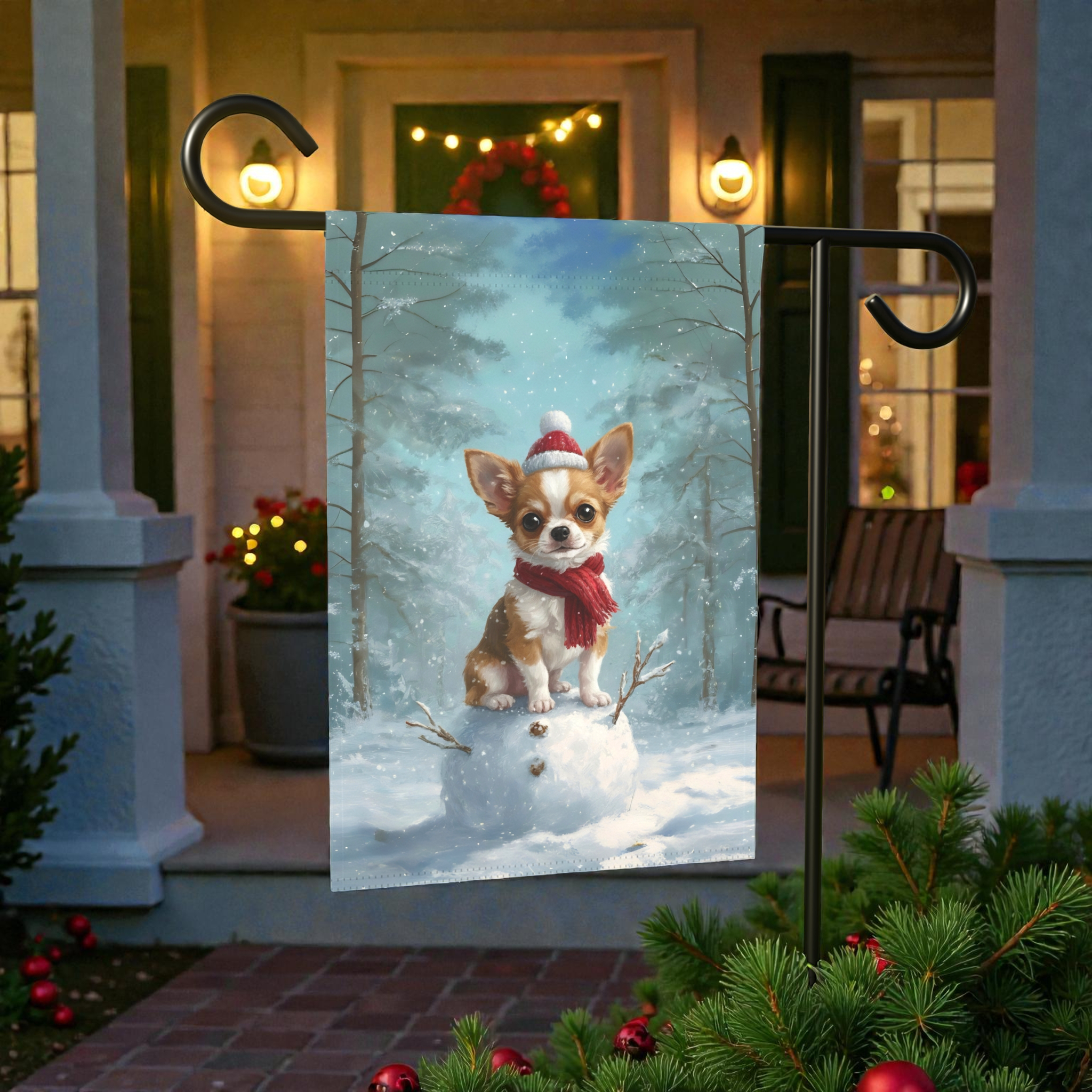 Making a Snowman Chihuahua Christmas Garden Flag