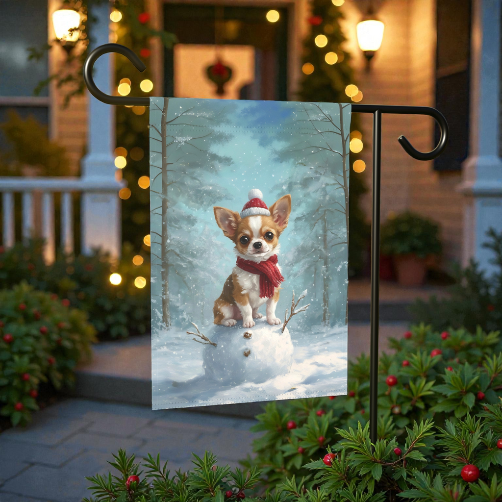 Making a Snowman Chihuahua Christmas Garden Flag
