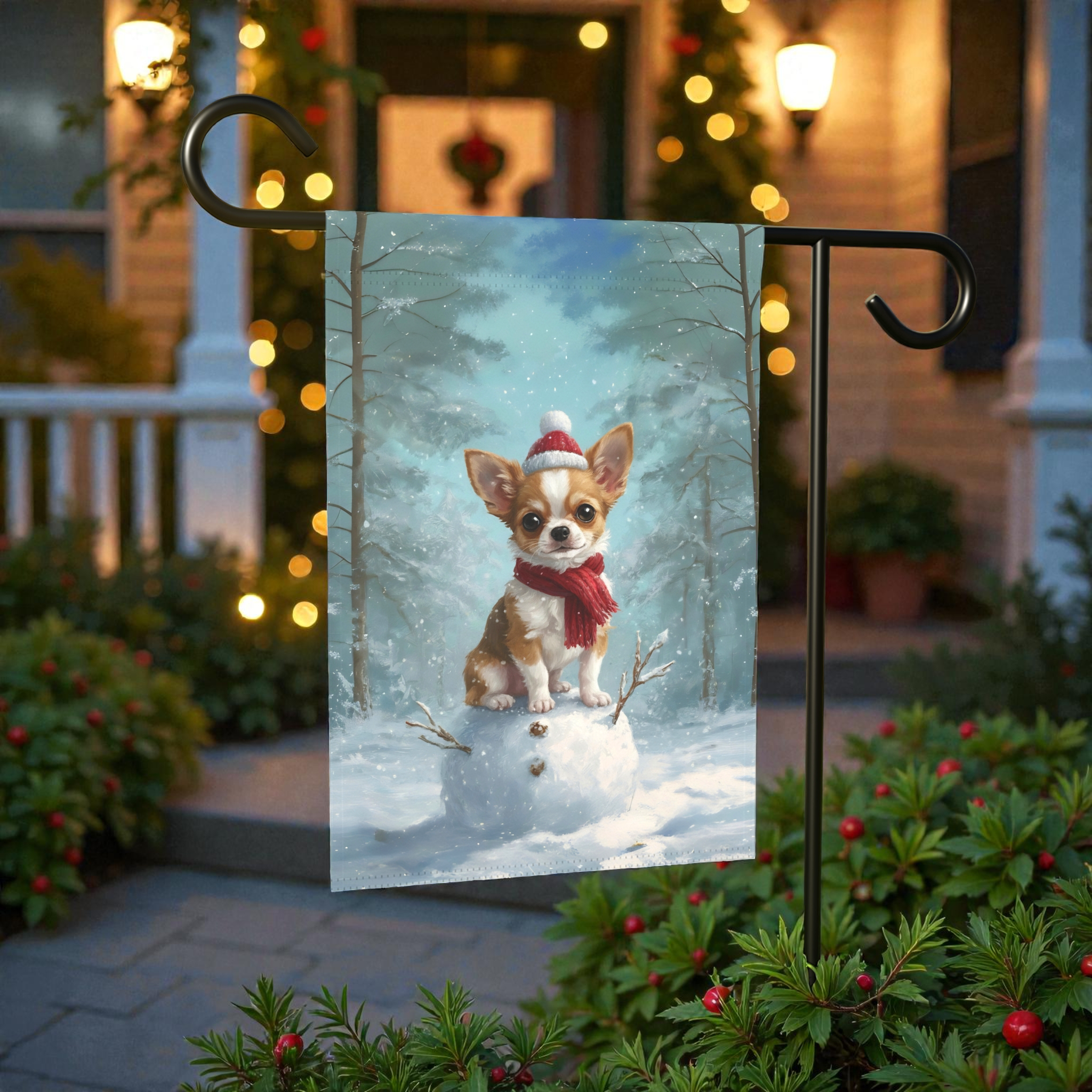 Making a Snowman Chihuahua Christmas Garden Flag