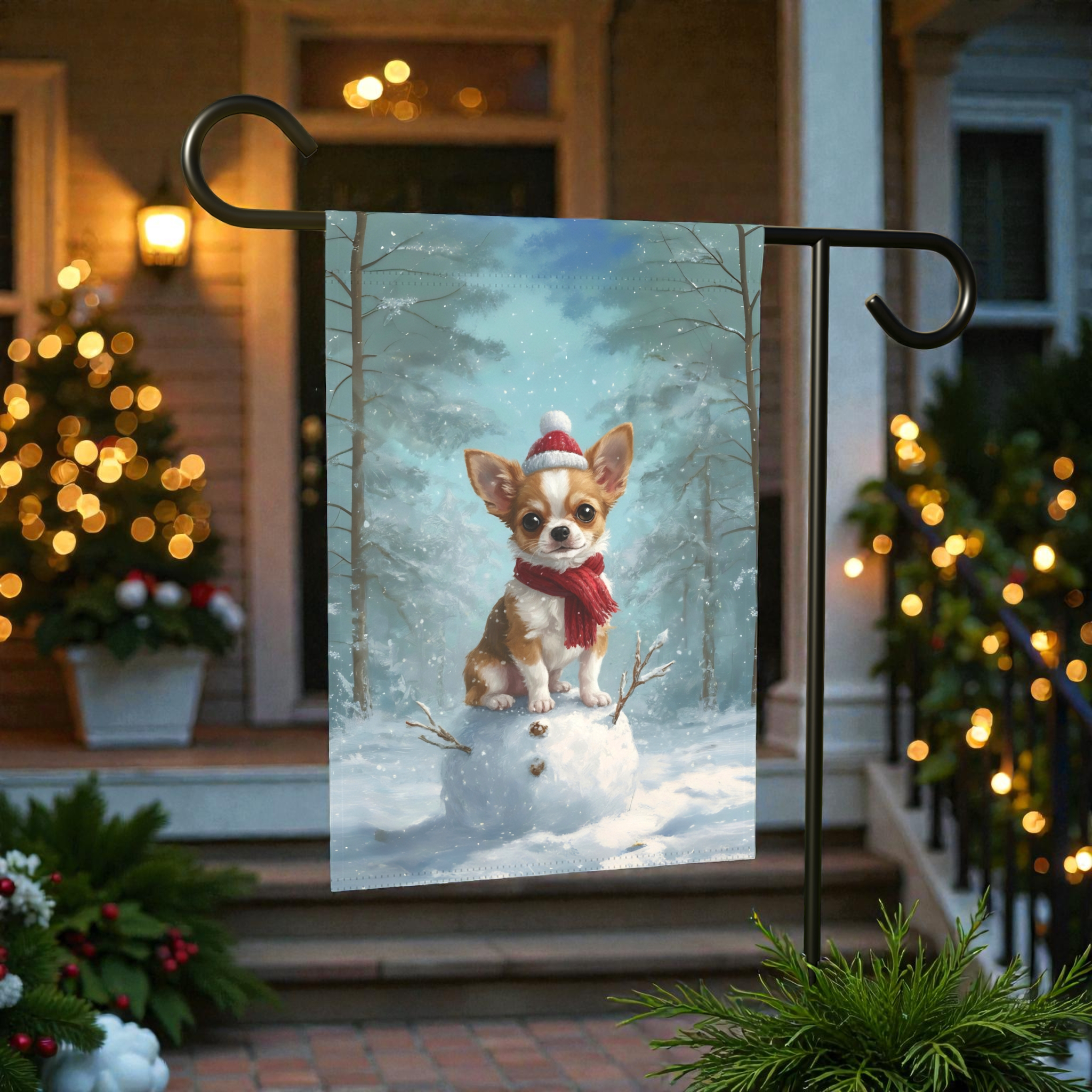 Making a Snowman Chihuahua Christmas Garden Flag