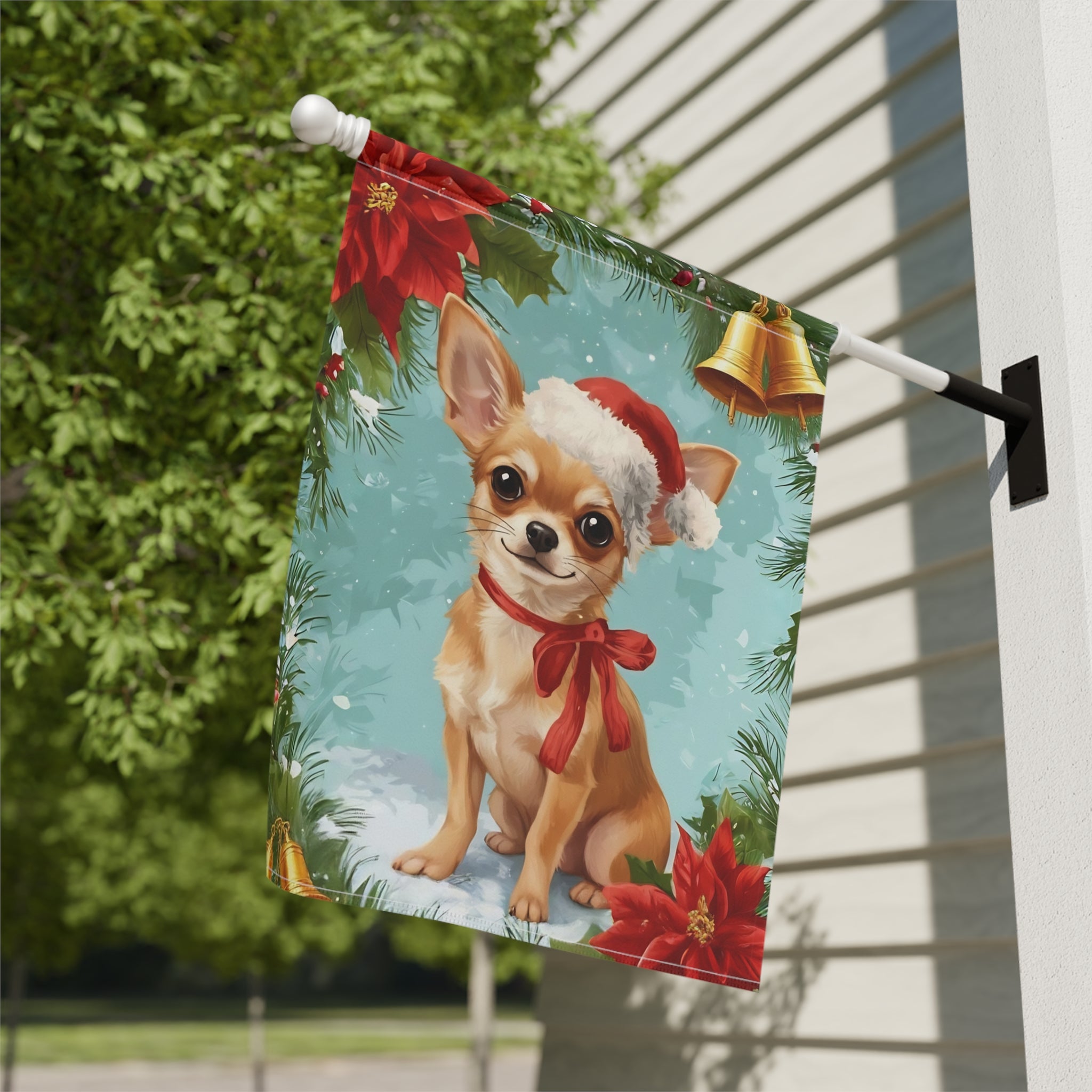 Poinsettia Wreath Chihuahua Garden Flag - close-up detail - Dragonfire Gardens