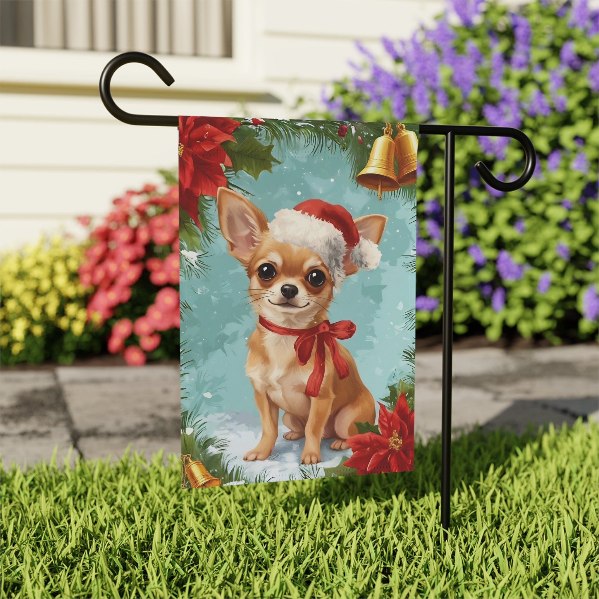 Poinsettia Wreath Chihuahua Garden Flag - outdoor display - Dragonfire Gardens