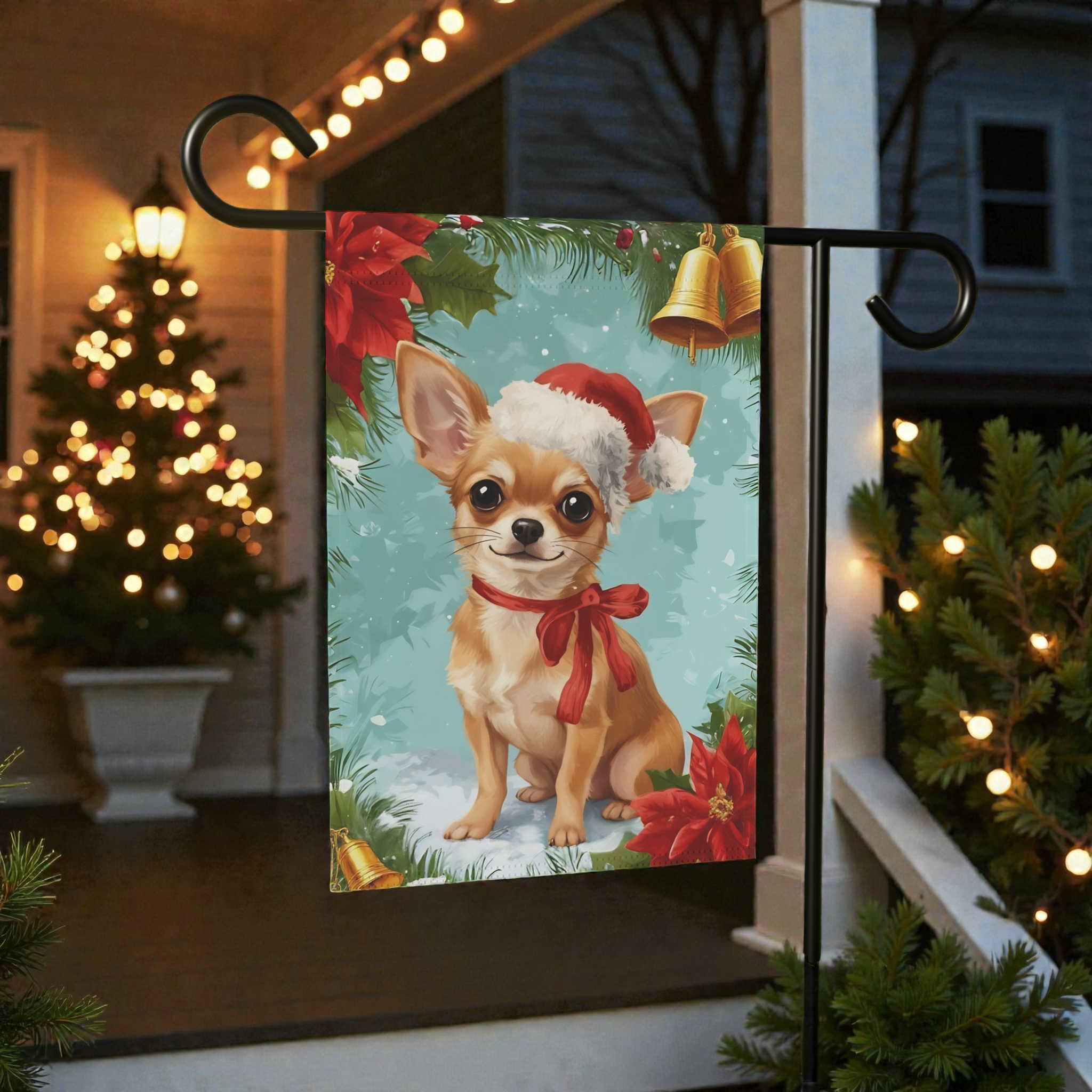 Poinsettia Wreath Chihuahua Garden Flag - size comparison - Dragonfire Gardens