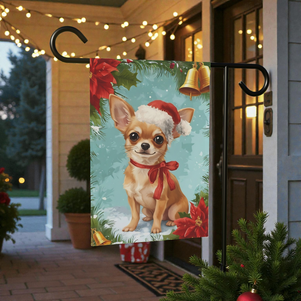 Poinsettia Wreath Chihuahua Garden Flag - lifestyle display - Dragonfire Gardens