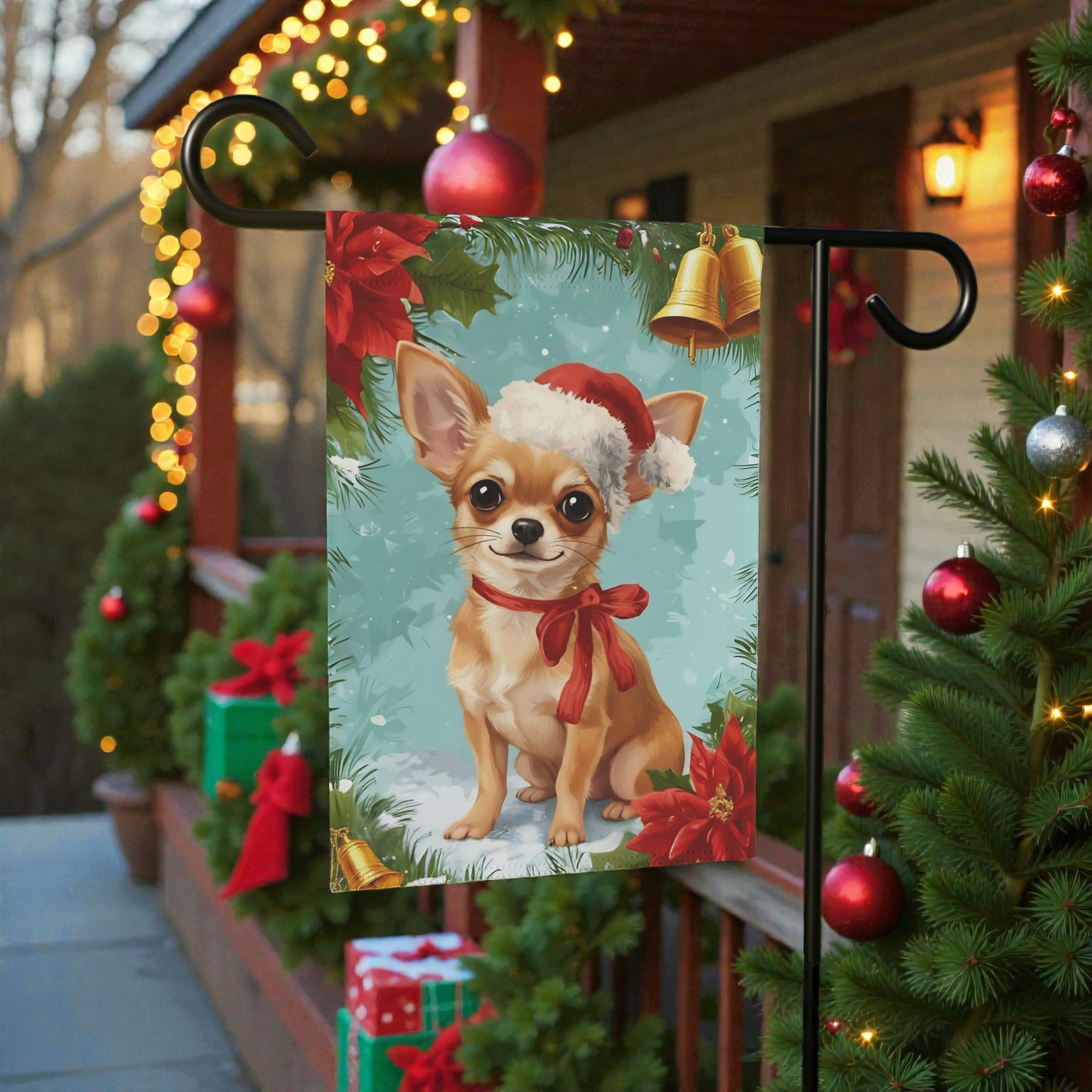 Poinsettia Wreath Chihuahua Garden Flag - front view - Dragonfire Gardens