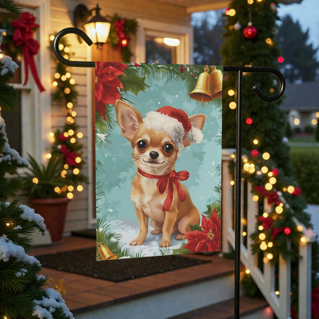 Poinsettia Wreath Chihuahua Garden Flag - product detail - Dragonfire Gardens