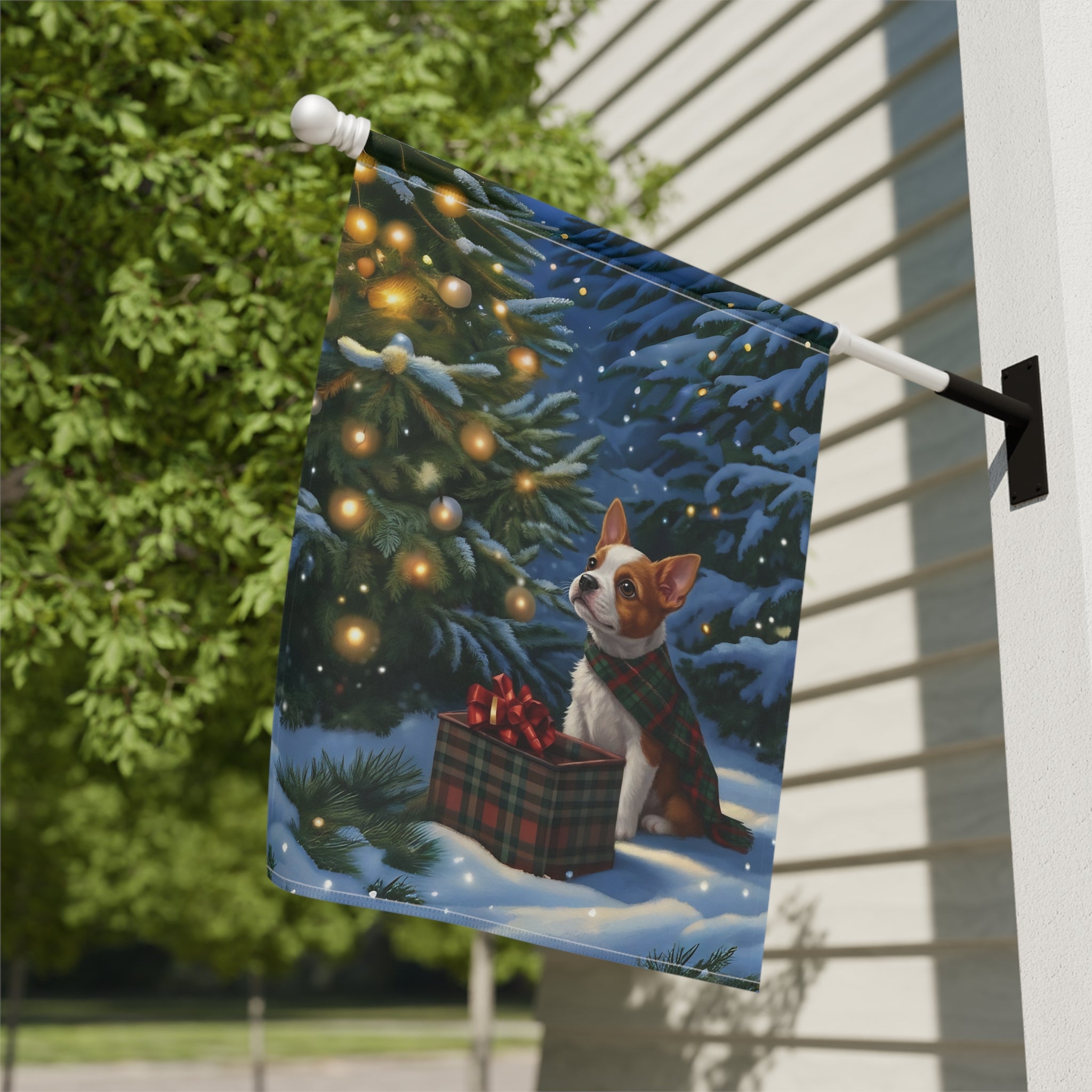 Red Boston Terrier Christmas Present Garden Flag - close-up detail - Dragonfire Gardens