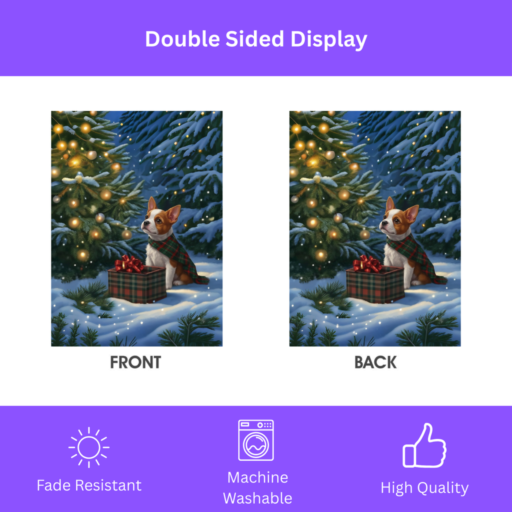 Red Boston Terrier Christmas Present Garden Flag - double-sided design - Dragonfire Gardens