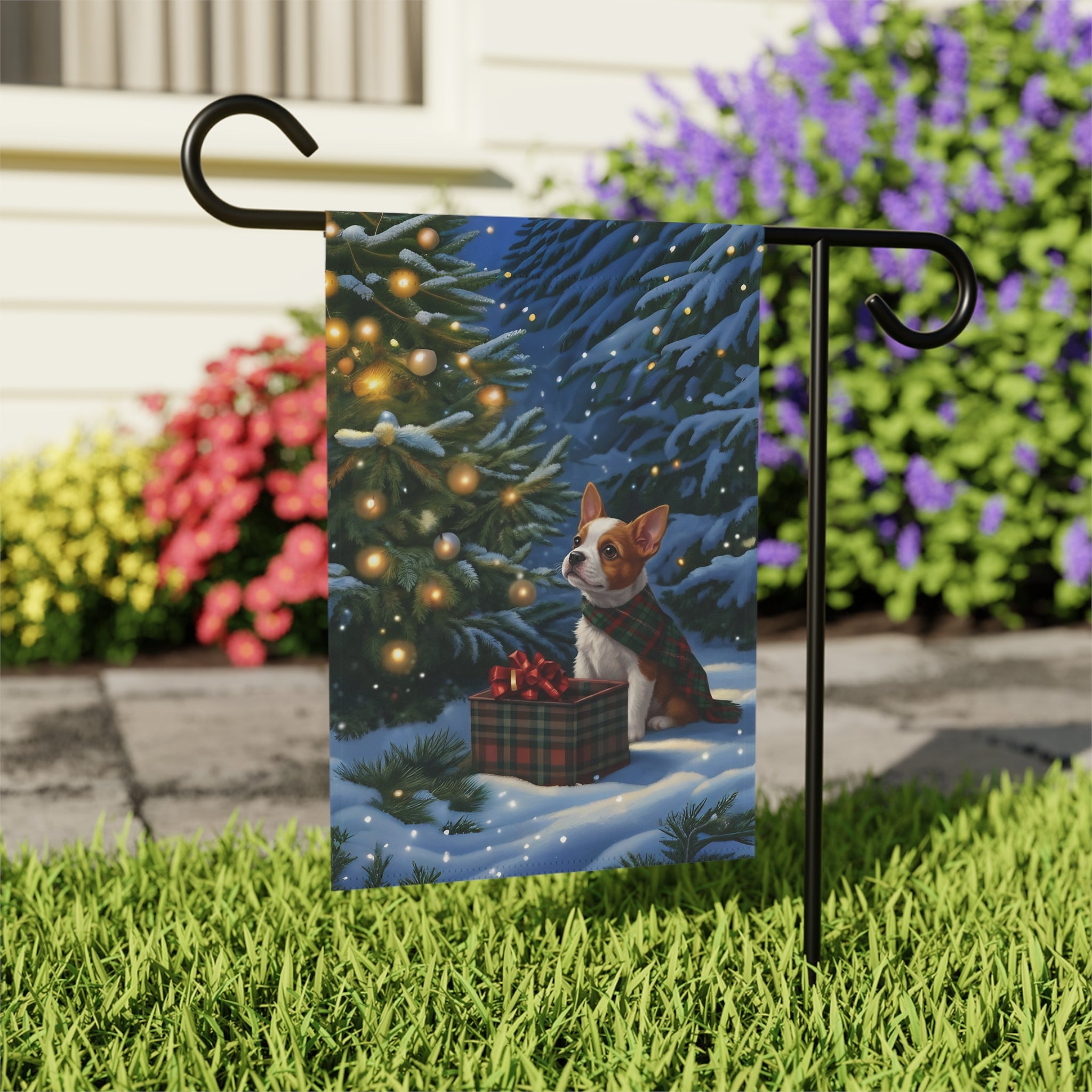 Red Boston Terrier Christmas Present Garden Flag - outdoor display - Dragonfire Gardens