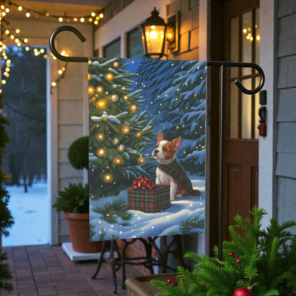 Red Boston Terrier Christmas Present Garden Flag - size comparison - Dragonfire Gardens