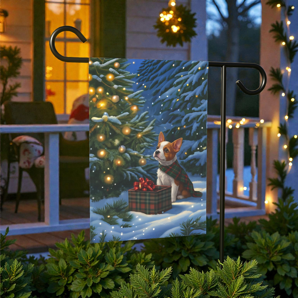 Red Boston Terrier Christmas Present Garden Flag - lifestyle display - Dragonfire Gardens