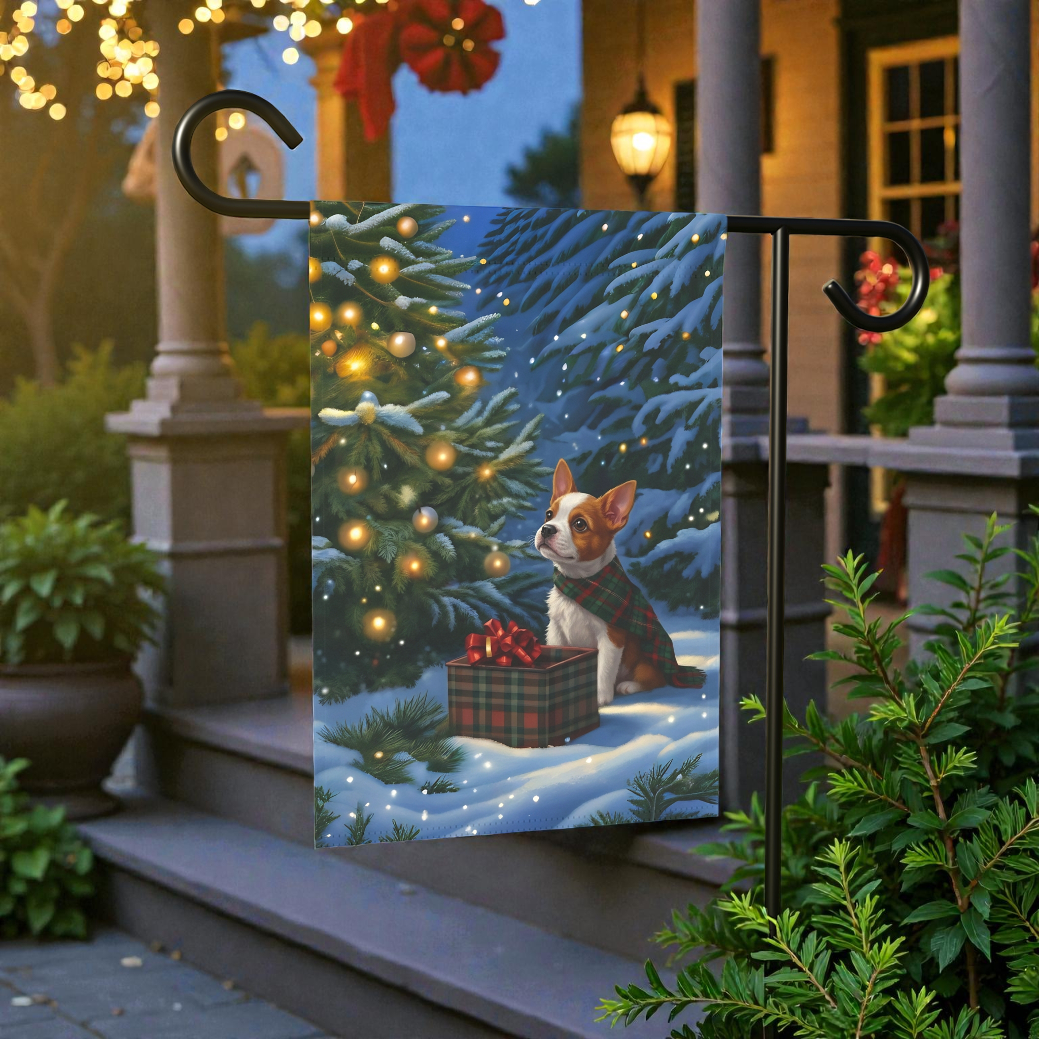 Red Boston Terrier Christmas Present Garden Flag - front view - Dragonfire Gardens