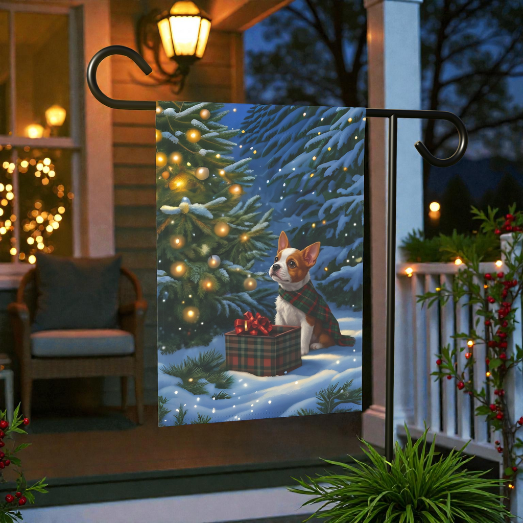 Red Boston Terrier Christmas Present Garden Flag - product detail - Dragonfire Gardens