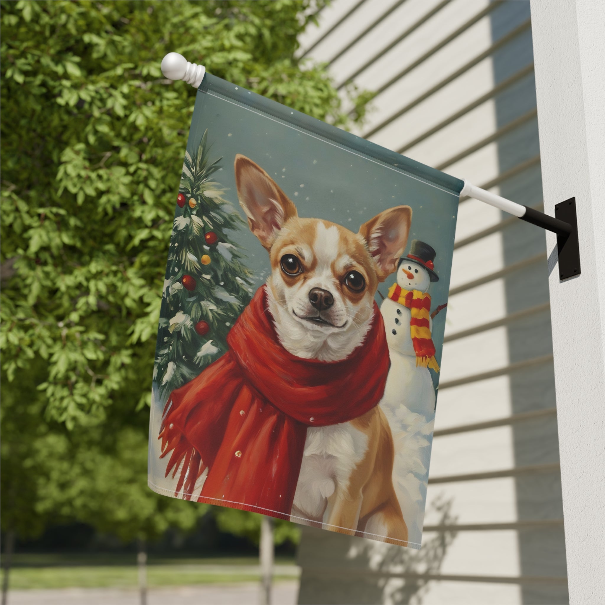 Red Scarf Chihuahua Garden Flag - close-up detail - Dragonfire Gardens