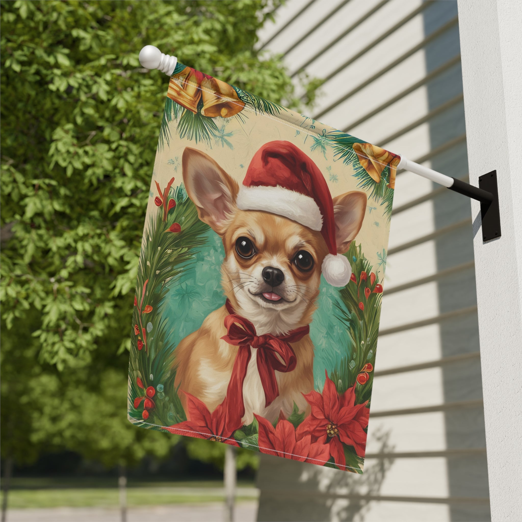 Santa Hat and Bow Christmas Chihuahua Garden Flag - close-up detail - Dragonfire Gardens