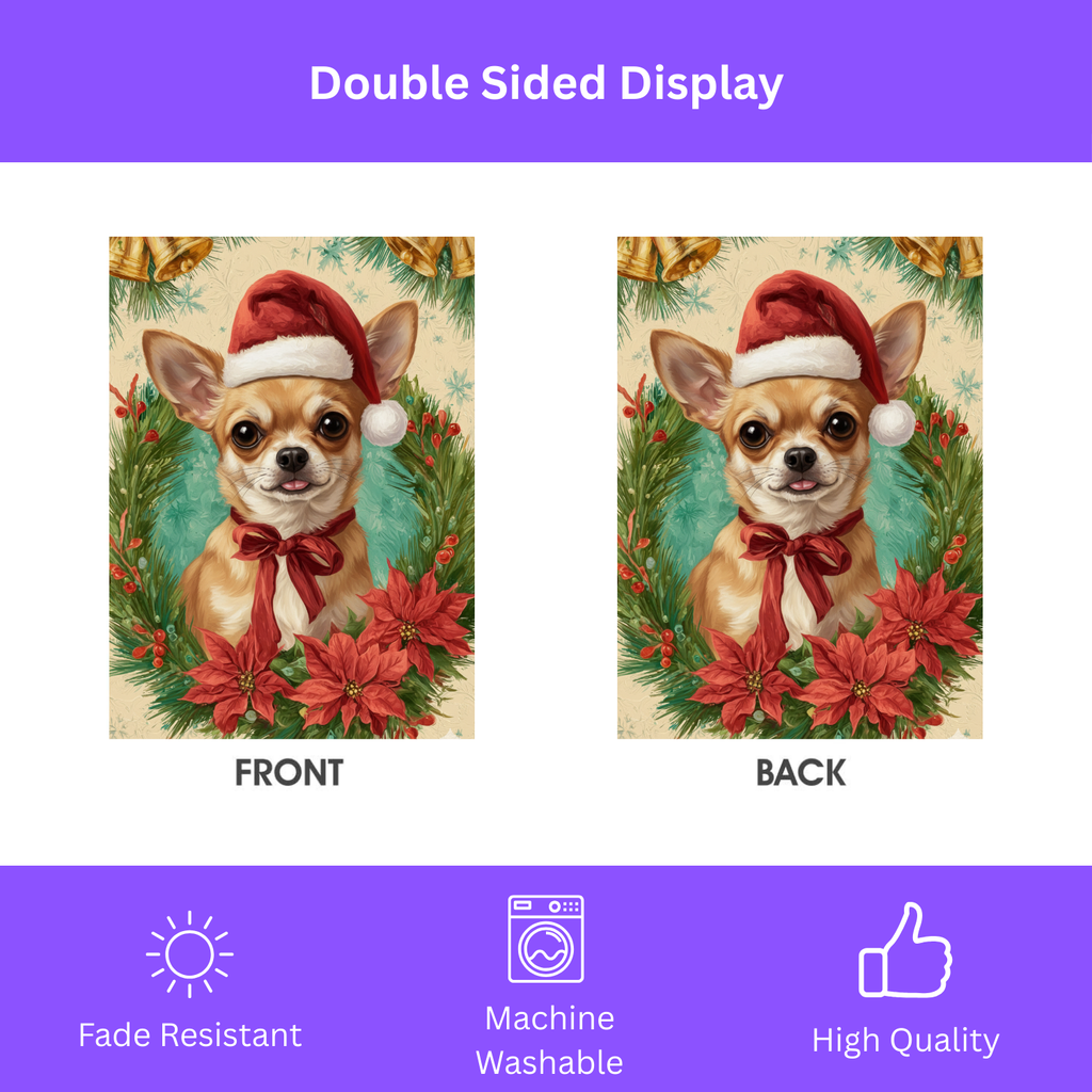 Santa Hat and Bow Christmas Chihuahua Garden Flag - double-sided design - Dragonfire Gardens