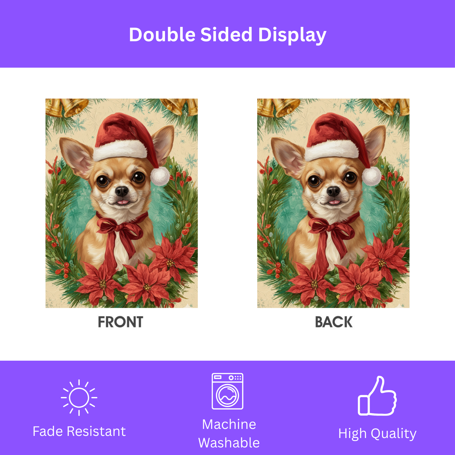 Santa Hat and Bow Christmas Chihuahua Garden Flag - double-sided design - Dragonfire Gardens